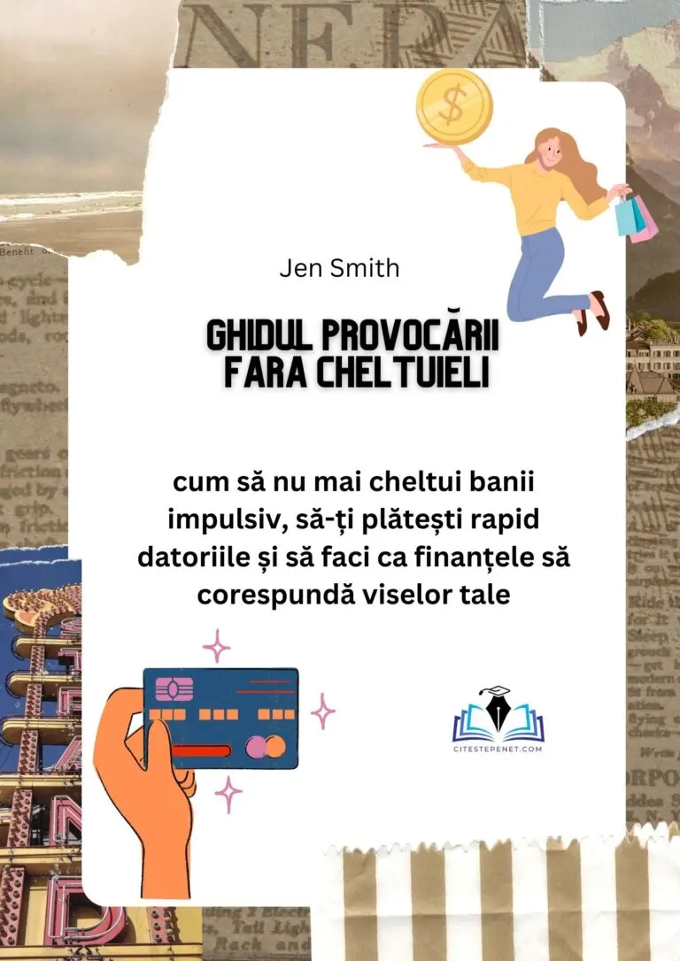 "Imaginea coperții cărții 'Ghidul Provocării Fără Cheltuieli' de Jen Smith, care prezintă o ilustrație colorată cu o femeie echilibrând o monedă și cartea de credit, subliniind strategii de economisire și gestionare financiară inteligentă."