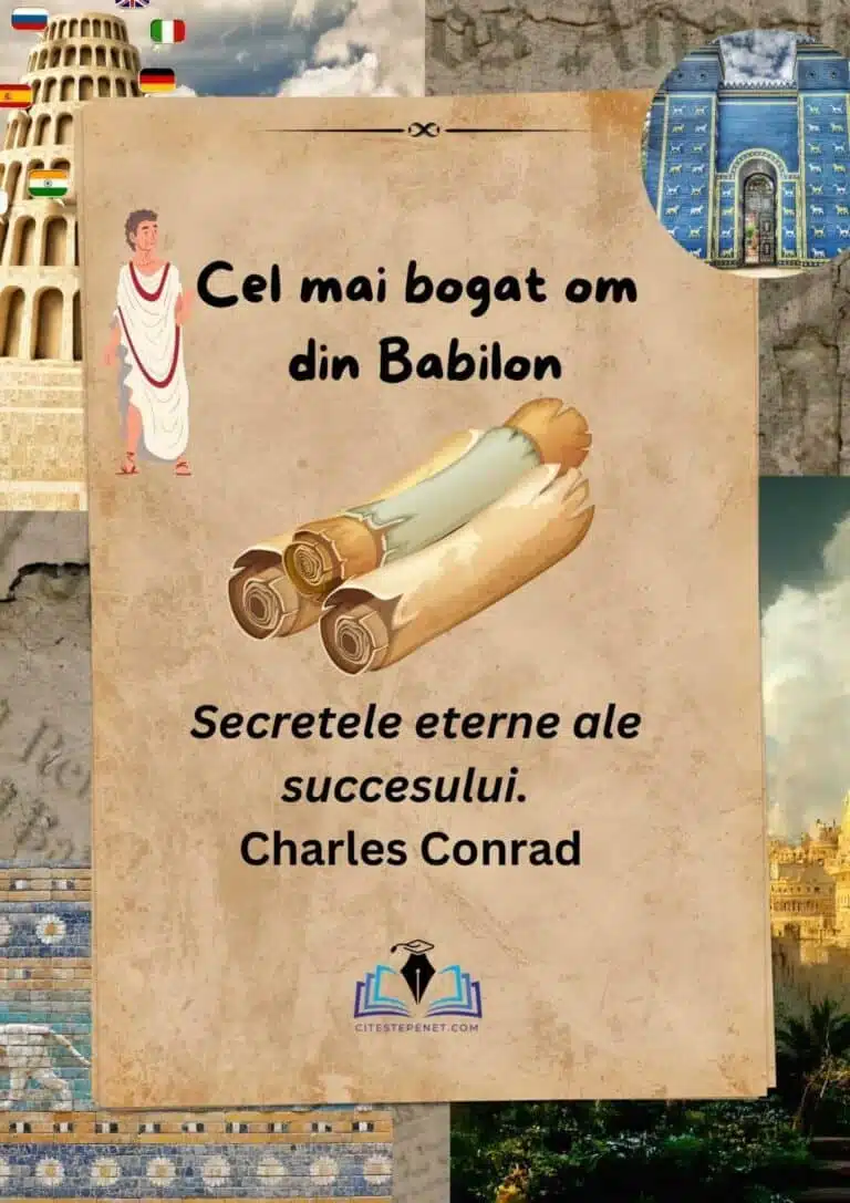 Imaginea prezintă o copertă de carte cu un design inspirat de antichitate. În partea superioară a imaginii sunt pictograme ale steagurilor Italiei, Franței, Marii Britanii și Germaniei, semnificând probabil disponibilitatea cărții în aceste limbi. La centru este titlul în română "Cel mai bogat om din Babilon", subliniind subiectul cărții legat de bogăție și succes în contextul antic al Babilonului. Sub titlu, într-un script care imită scrierea pe suluri antice, este menționat "Secretele eterne ale succesului. Charles Conrad". În fundal, sunt ilustrații stilizate ale Turnului Babel, a Porții Ishtar și a unor ziduri cu cărămizi albastre decorate cu reliefuri de lei și dragoni, elemente iconice ale arhitecturii babiloniene. În partea de jos a imaginii se află logo-ul unui website, citestepe.net, sugerând că este sursa materialului sau o platformă unde cartea poate fi citită sau achiziționată. Această copertă de carte pare să fie promovată pentru un public divers și interesat de istorie, finanțe și dezvoltare personală